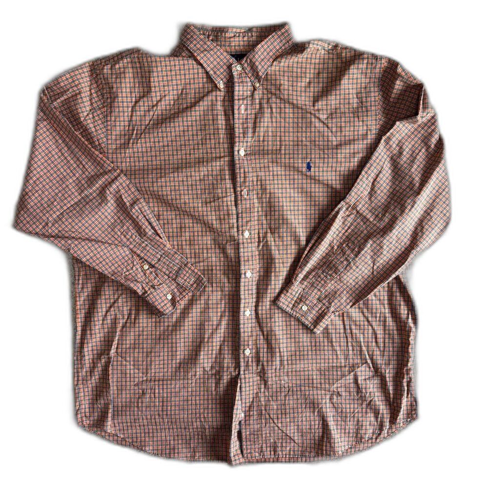 Ralph Lauren 3XLT Plaid Button Down Shirt Mens Big Tall Orange Navy Long Sleeve
